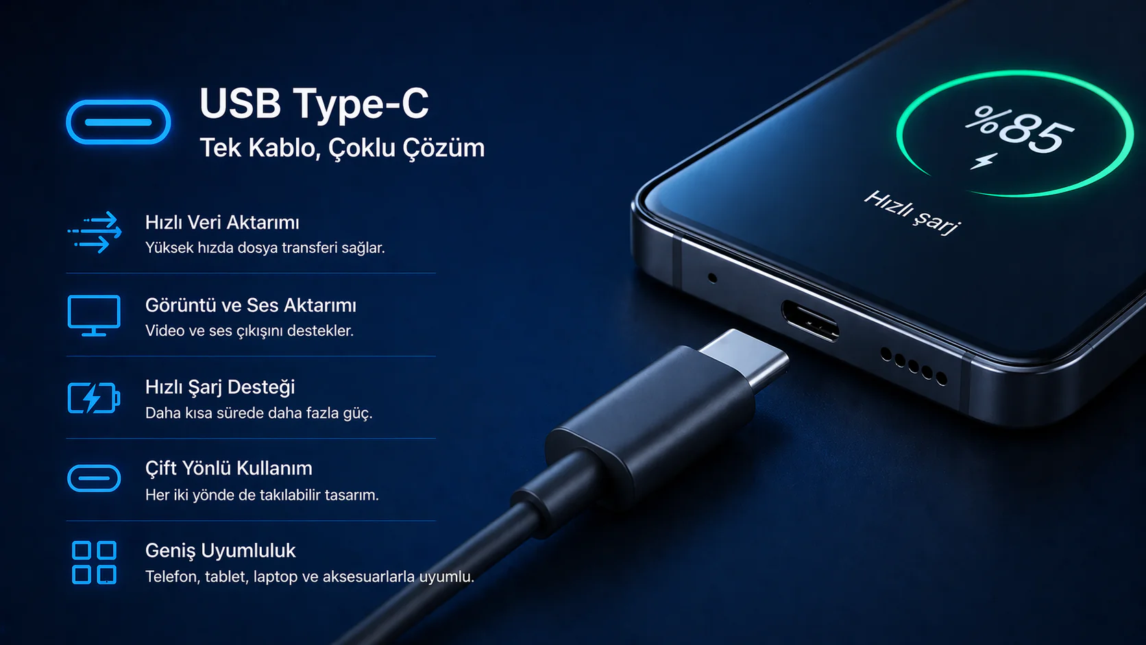 USB Type-C nedir anlatan kablo bağlantısı ve cihaz şarj görseli