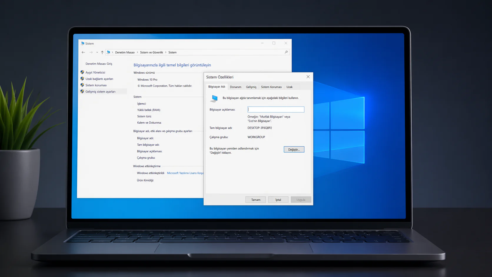 Windows 10 bilgisayar ismi değiştirme ayar ekranında yeni isim girme adımı