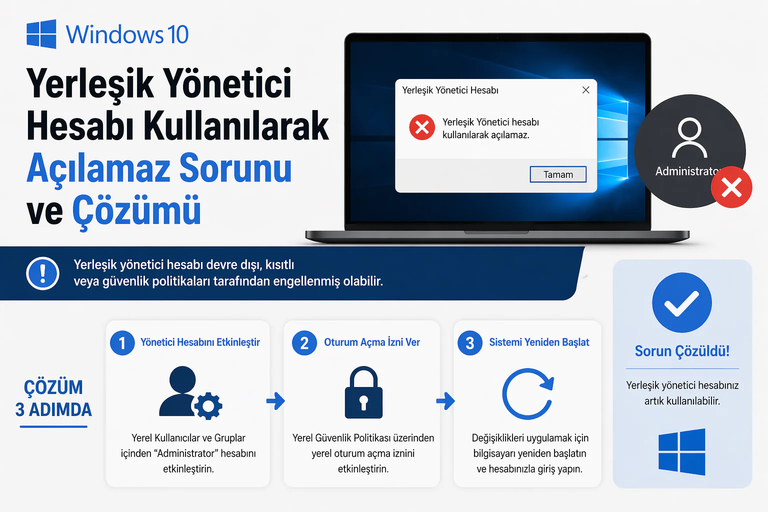 Windows 10 yerleşik yönetici hesabı kullanılarak açılamaz hatası ve çözüm ekranı örneği