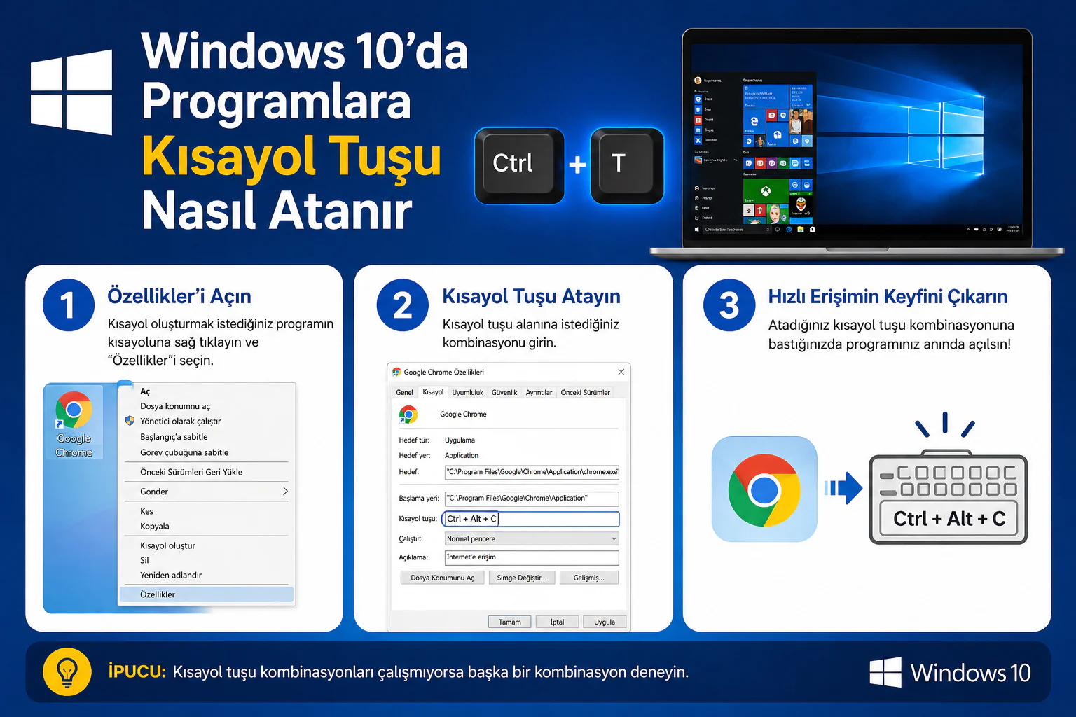 windows 10 programlara kısayol tuşu atama için özellikler ve hotkey ayar ekranı