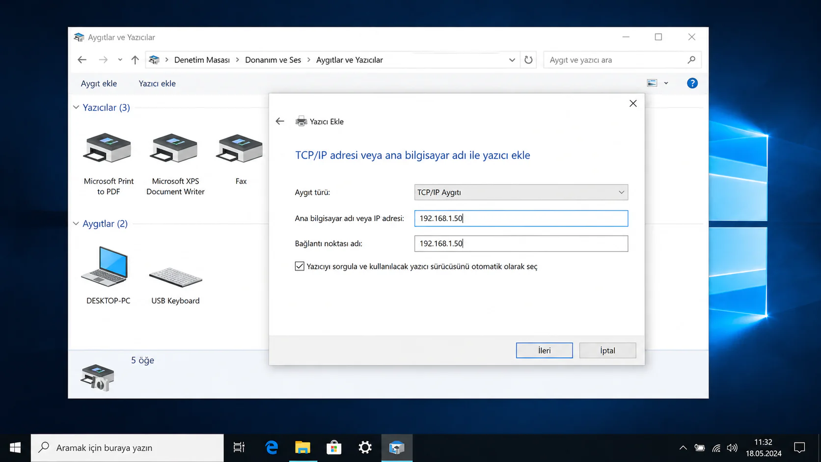 Windows 10’da TCP/IP adresi ile ağ yazıcısı ekleme ve kurulum ekranı