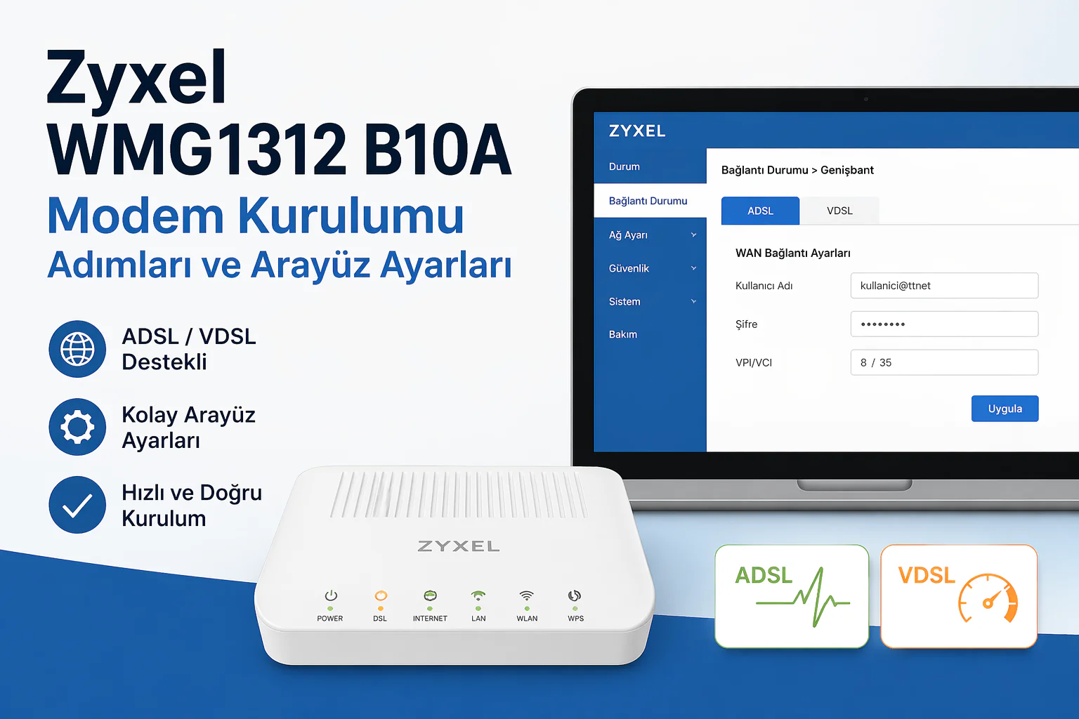 zyxel wmg1312 b10a modem kurulumu için arayüz ekranı ve bağlantı ayarları görünümü
