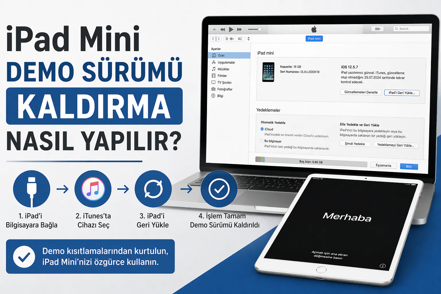 ipad mini demo sürümü kaldırma işlemi için iTunes üzerinden geri yükleme ekranını gösteren bilgisayar ve tablet