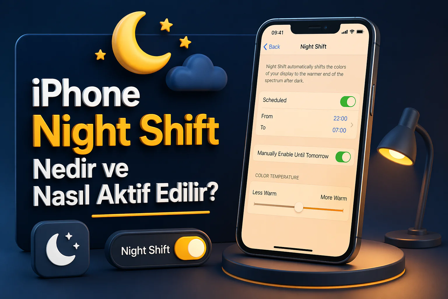 iphone night shift ekran ışığını sıcak tonlara çeviren gece kullanımında göz yorgunluğunu azaltan iPhone ekranı