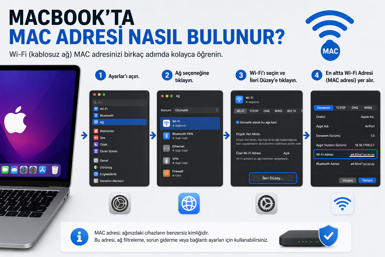 macbook mac adresi bulma işlemini gösteren ağ ayarları ve Wi-Fi detay ekranı