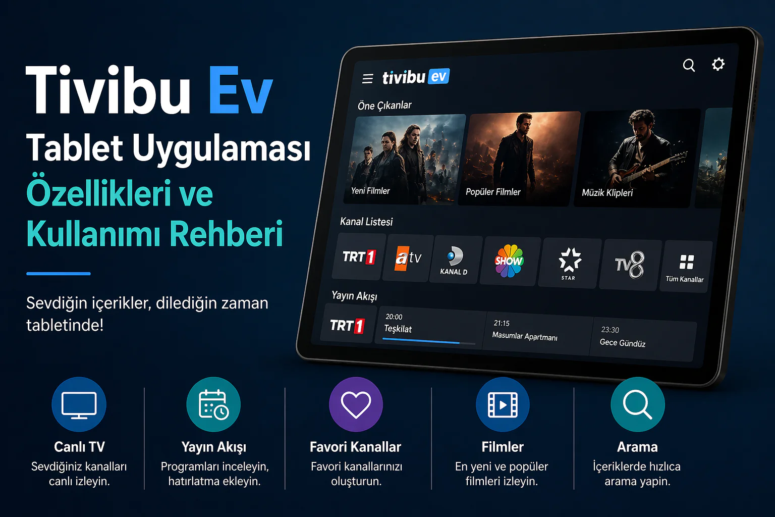 tivibu ev tablet uygulaması arayüzünde kanal listesi ve film izleme ekranı görünümü