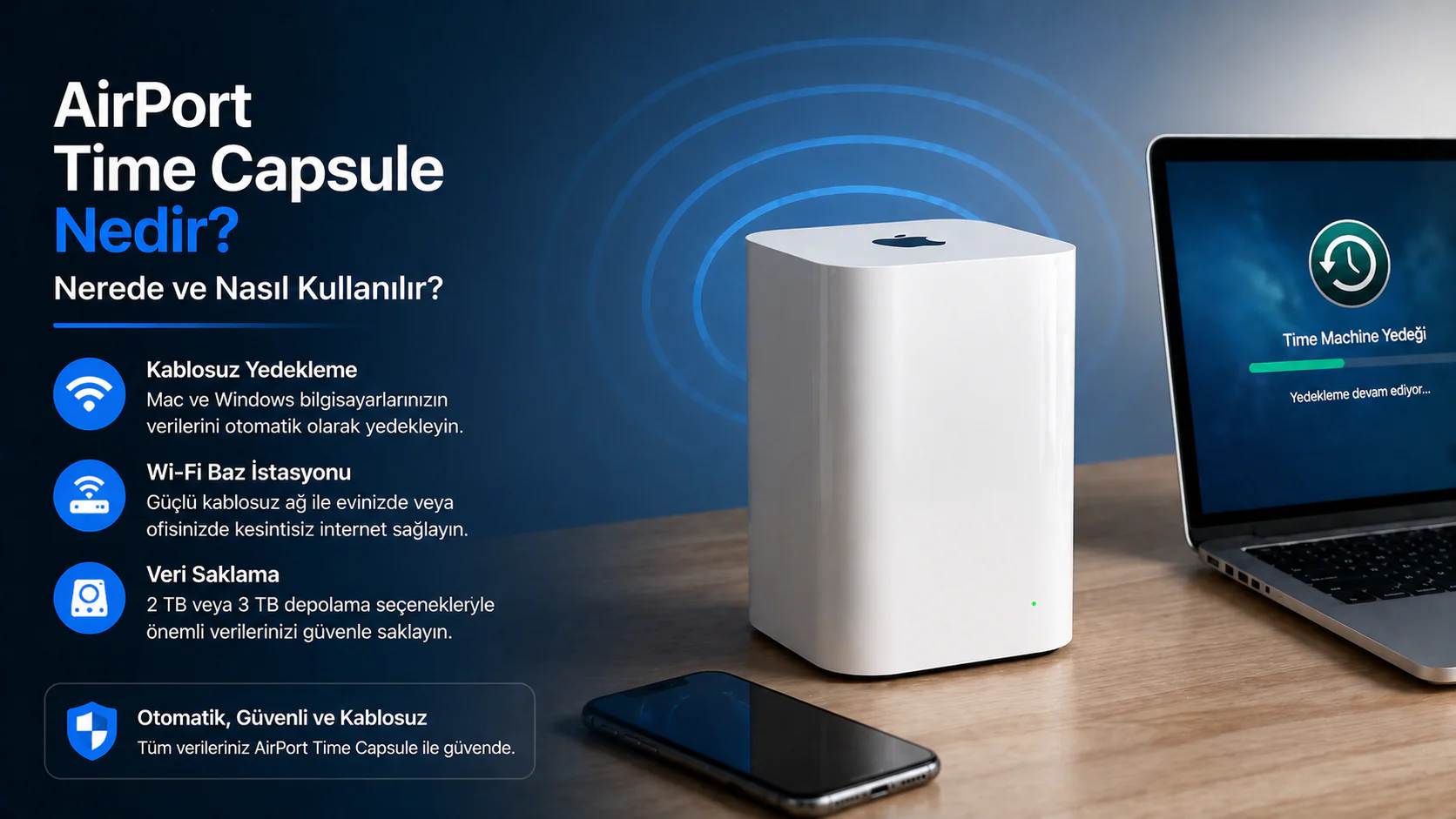 AirPort Time Capsule nedir anlatan Apple yedekleme cihazı ve Wi-Fi bağlantısı