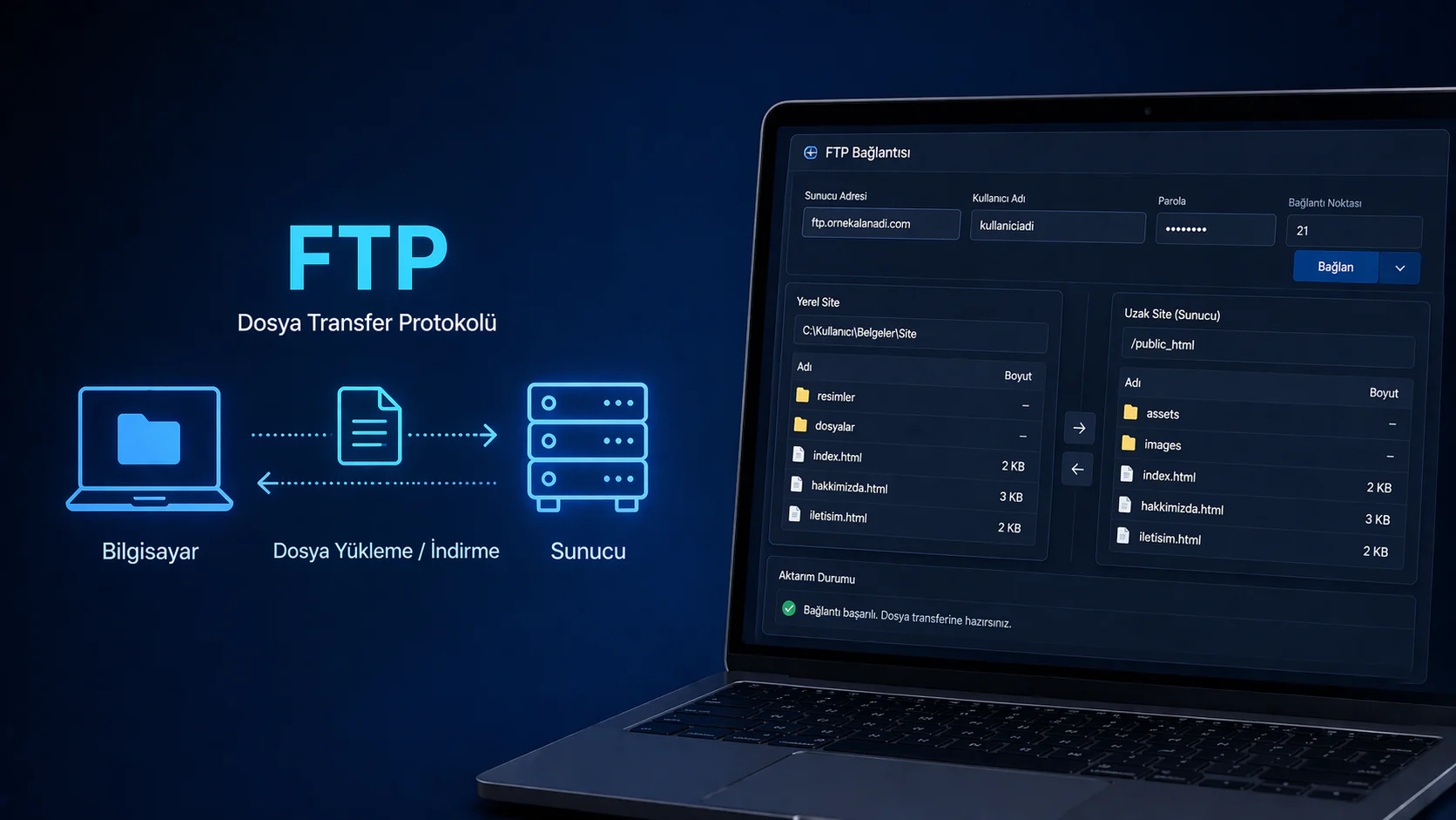 FTP nedir anlatan dosya aktarımı ve sunucu bağlantı ekranı