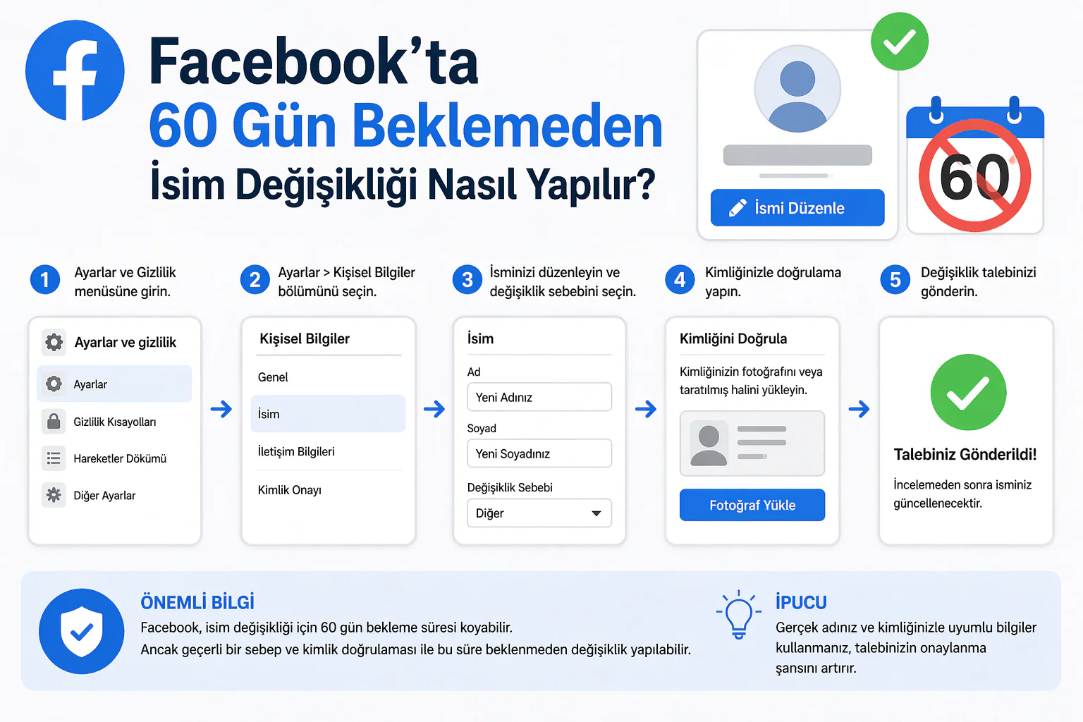 Facebook’ta 60 gün beklemeden isim değişikliği için hesap ayarları ekranı örneği