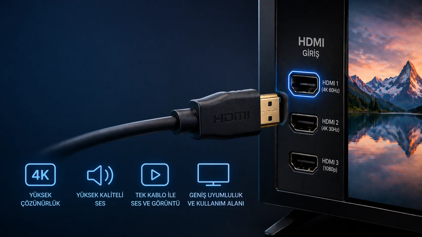 HDMI nedir anlatan kablo bağlantısı ve televizyon ekranı görseli