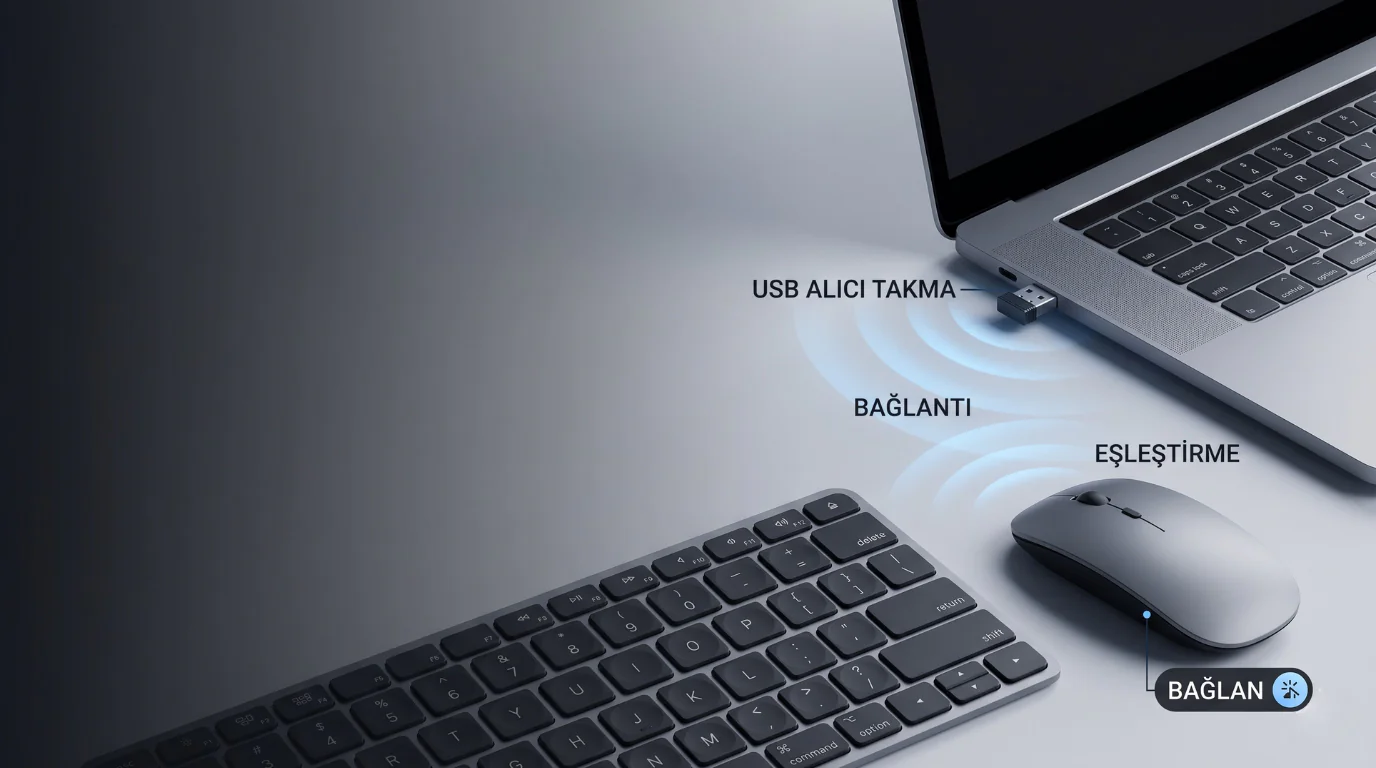 kablosuz klavye mouse bağlantısı için USB alıcı ve cihaz eşleştirme işlemi gösterimi