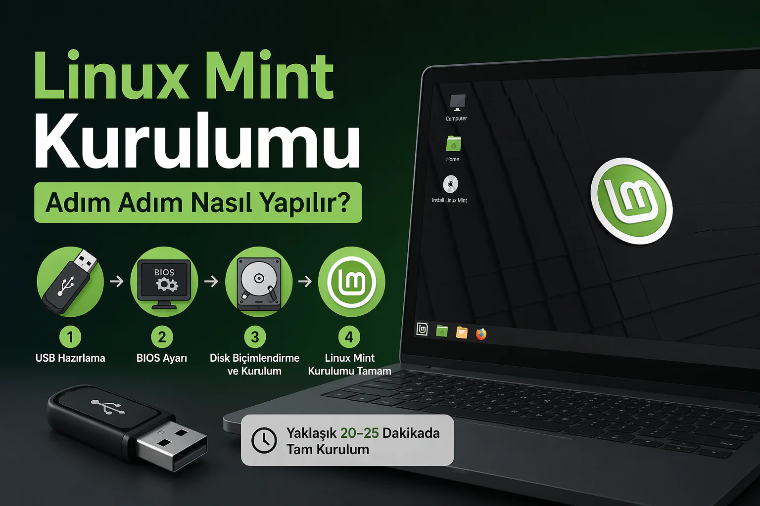 linux mint kurulumu için USB hazırlama ve kurulum ekranı adımlarının görünümü