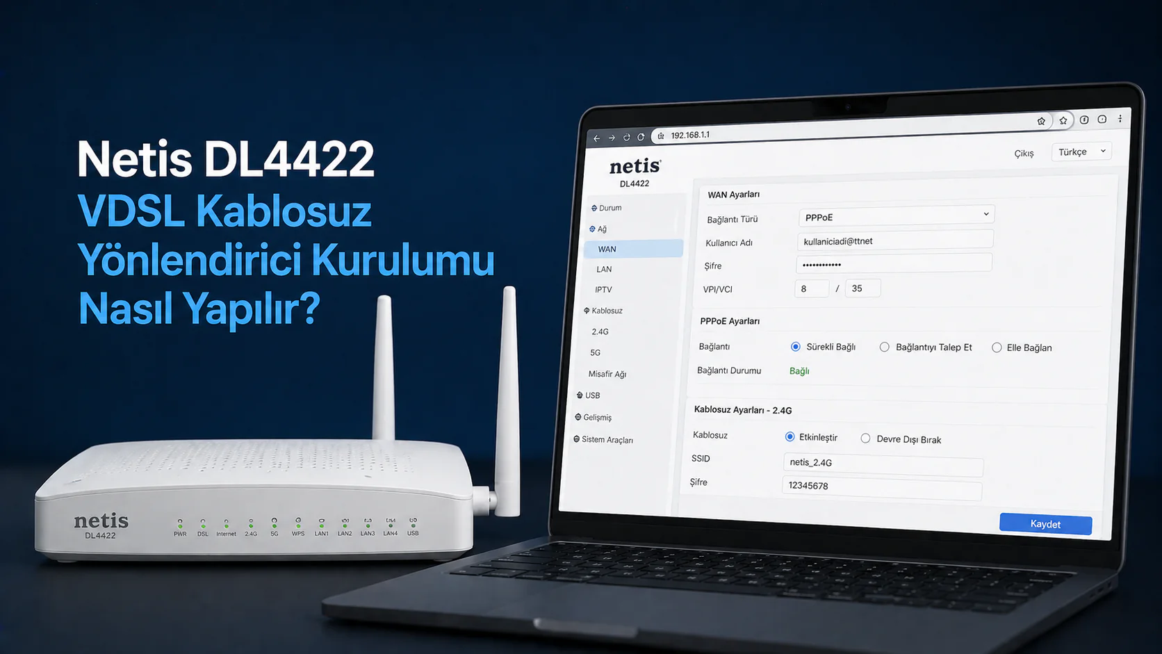 Netis DL4422 VDSL kablosuz yönlendirici kurulumu ve modem ayar ekranı