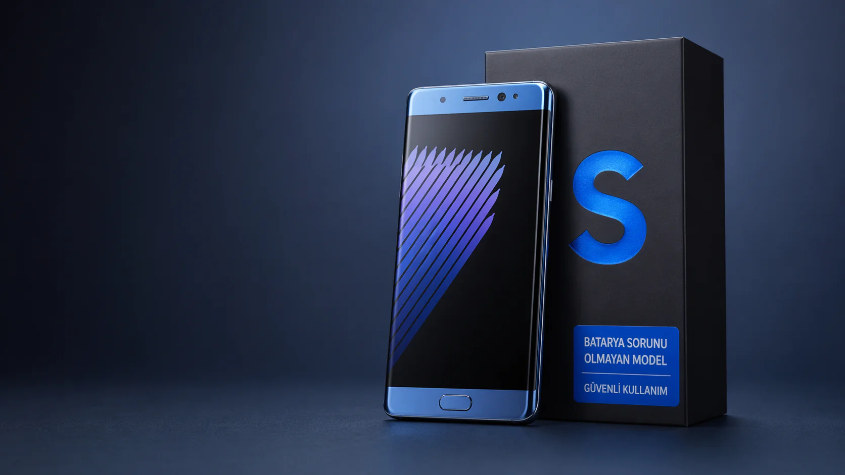 samsung galaxy note 7 batarya sorunsuz model kutusunda mavi S işareti bulunan telefon görseli