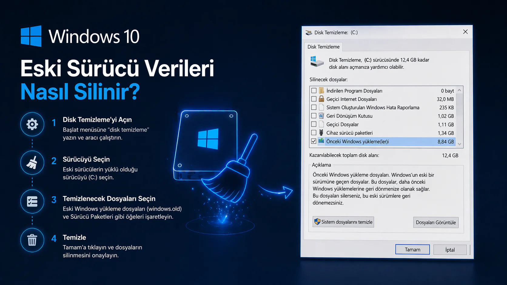 Windows 10 eski sürücü verileri silme için disk temizleme ekranı