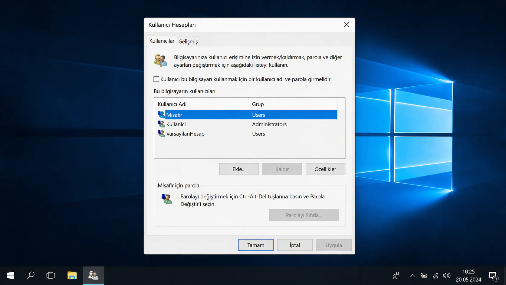 Windows 10 misafir hesabı açma için netplwiz kullanıcı hesapları penceresinin ekran görüntüsü