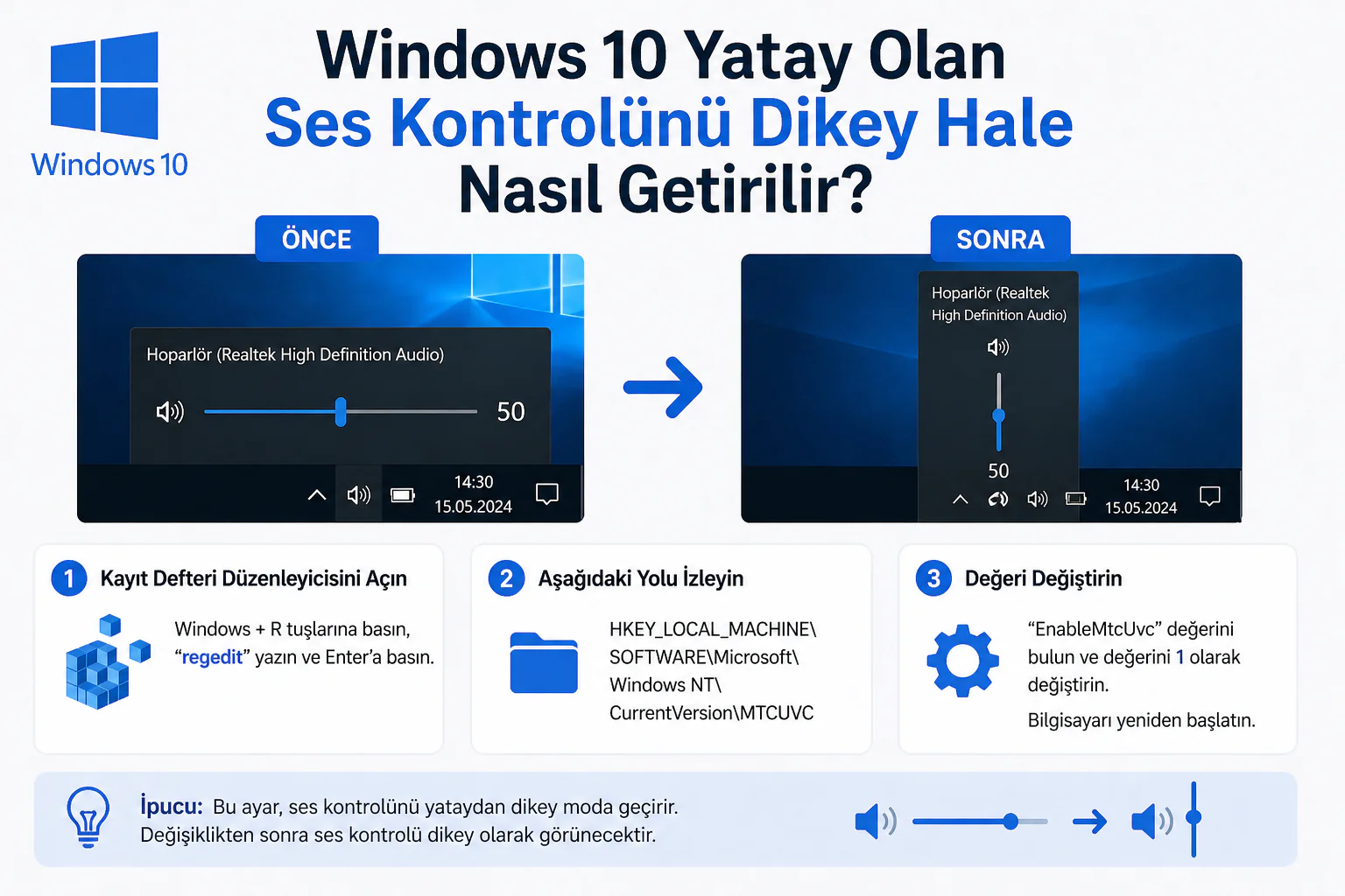 Windows 10 yatay olan ses kontrolünü dikey hale getirme için ses ayarları ekranı