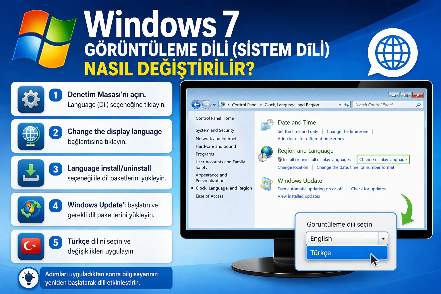 windows 7 sistem dili değiştirme ayarlarını gösteren denetim masası ve dil seçimi ekranı