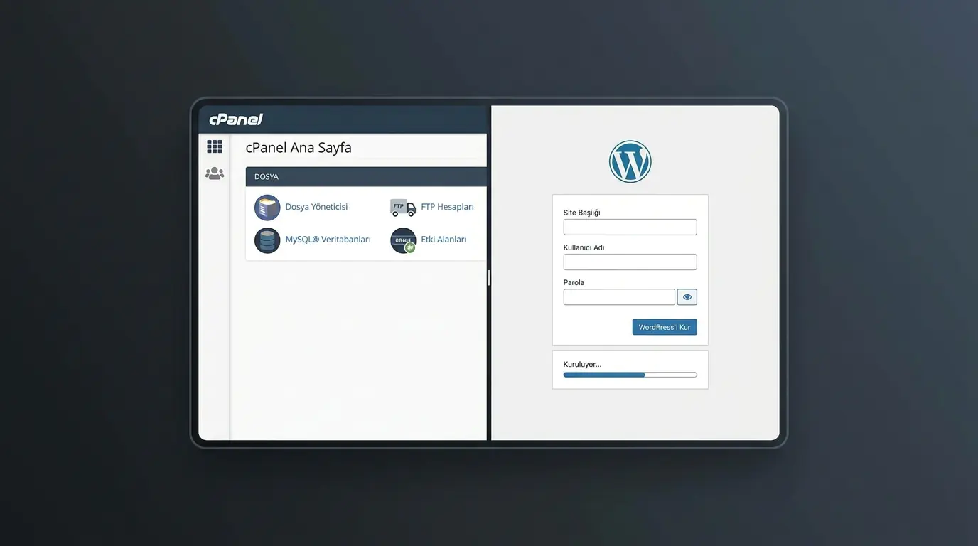 Web sitesi kurma aşamasında WordPress kurulum ekranı ve cPanel arayüzünün gösterildiği ekran görüntüsü