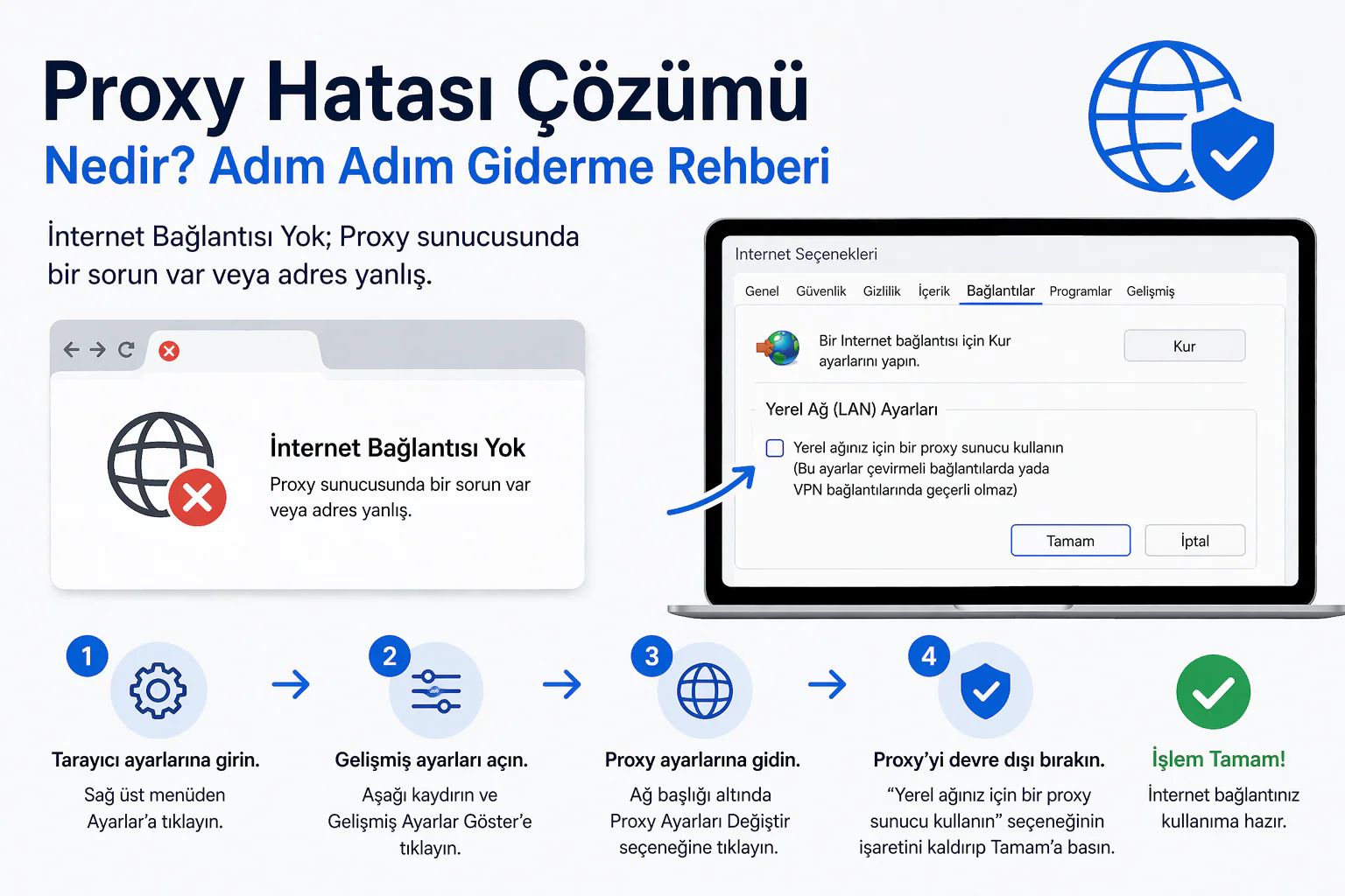 proxy hatası çözümü için tarayıcı ayarlarında proxy sunucu devre dışı bırakma ekranı