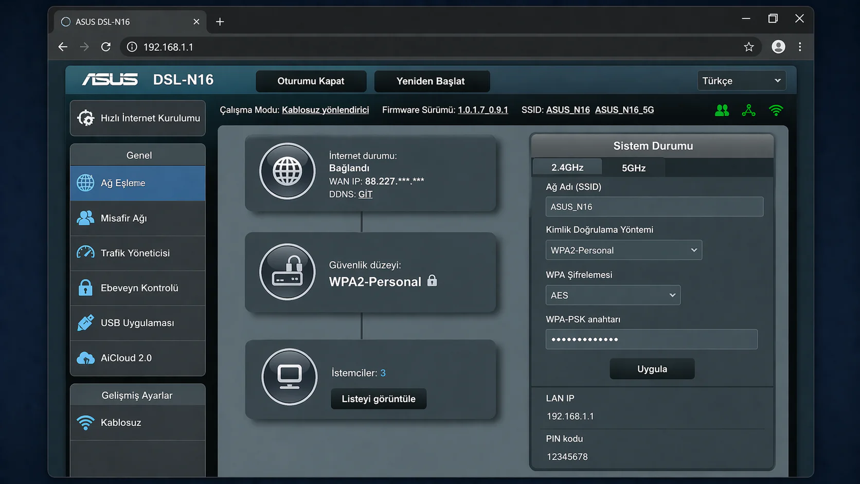 ASUS DSL-N16 modem kurulumu için 192.168.1.1 yönetim paneli arayüzünün ekran görüntüsü