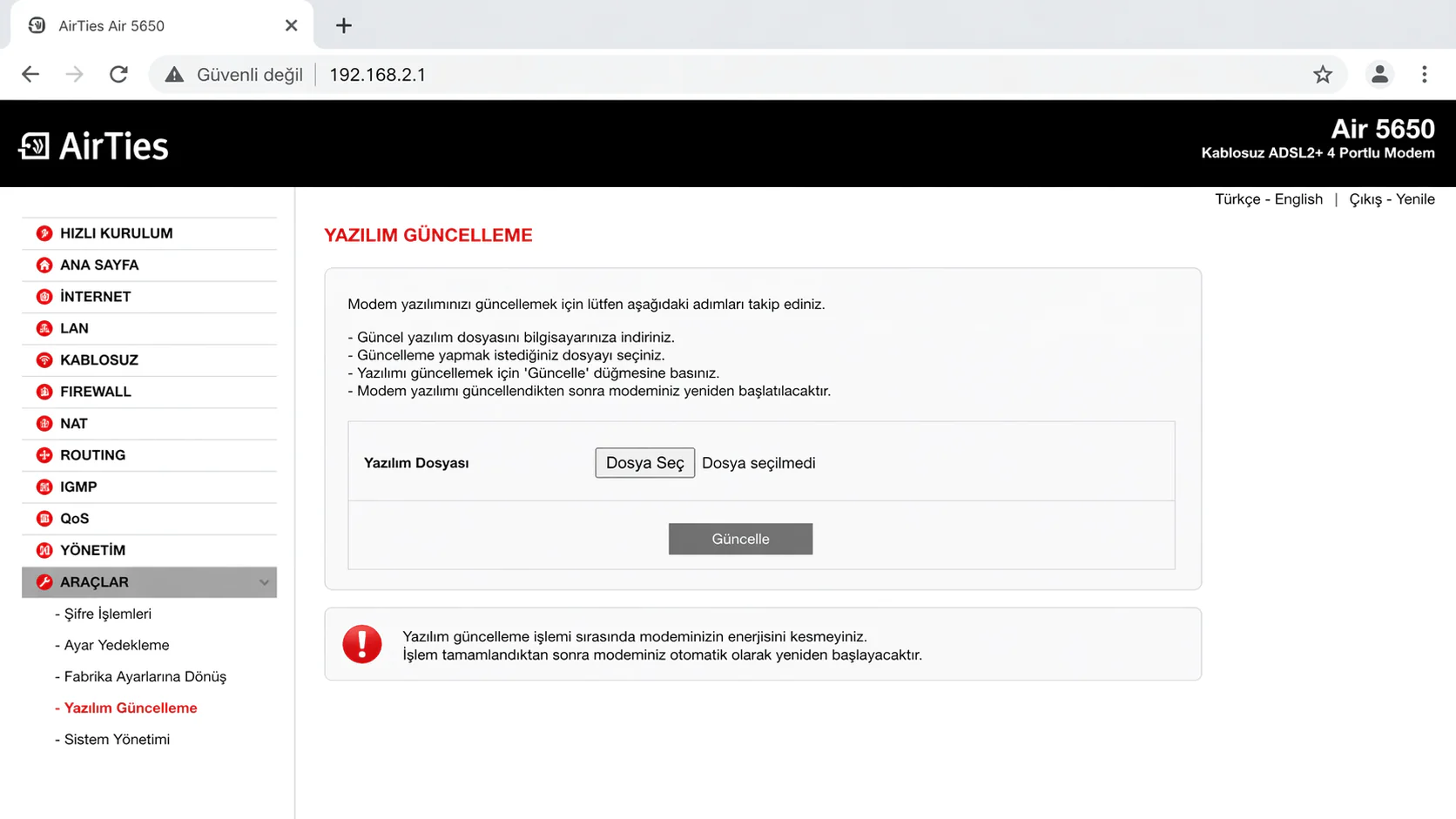 AirTies Air 5650 yazılım güncelleme için 192.168.2.1 arayüzündeki Araçlar menüsü güncelleme ekranının görüntüsü