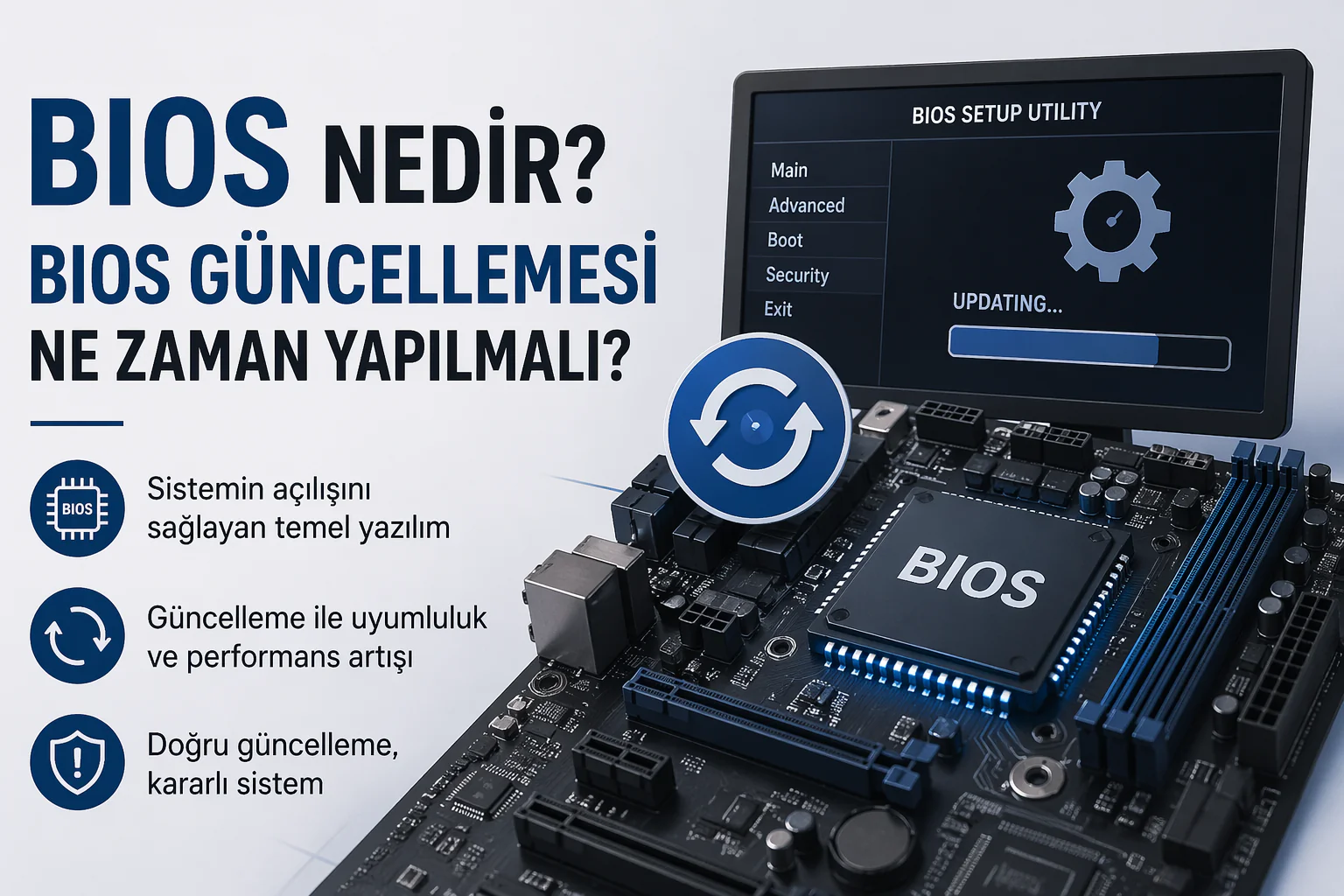 bios nedir sorusunu anlatan, anakart ve donanım ilişkisini gösteren bilgisayar bileşenleri görseli
