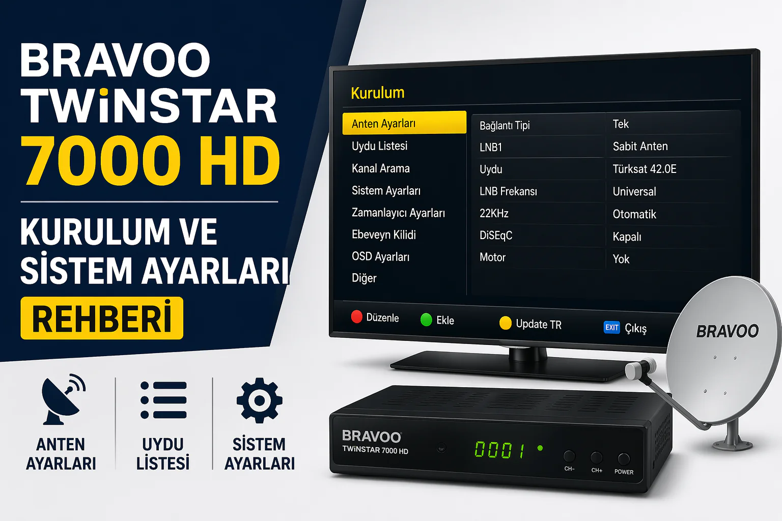 bravoo twinstar 7000 hd kurulum adımlarını gösteren uydu ayar menüsü ekranı