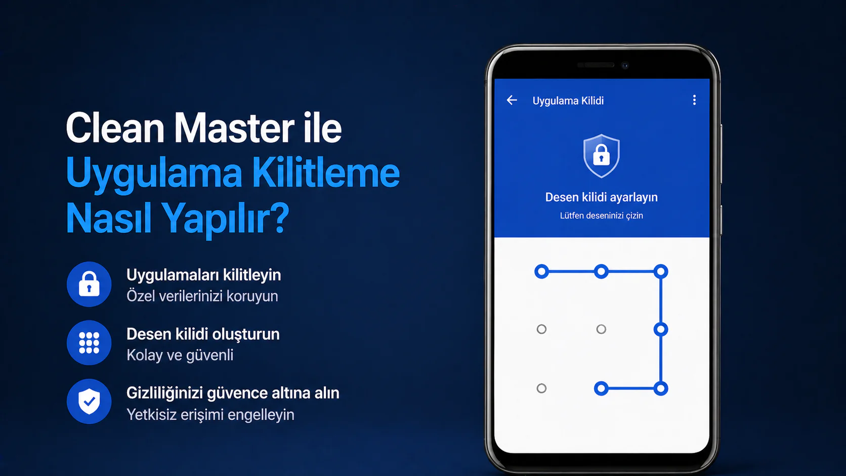 Clean Master ile uygulama kilitleme ve desen kilidi ayar ekranı