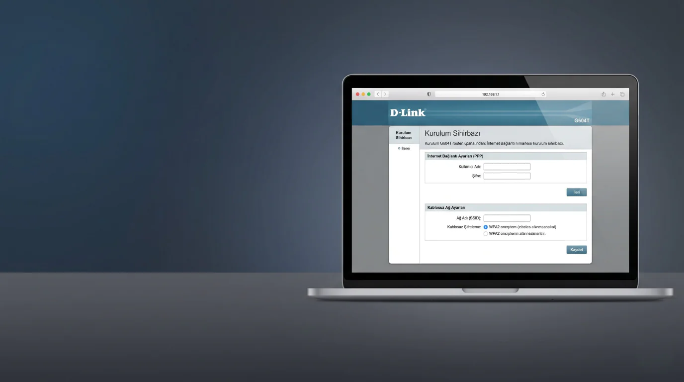 d-link g604t router kurulum ekranında modem arayüzü ve kablosuz ayar yapılandırma görünümü