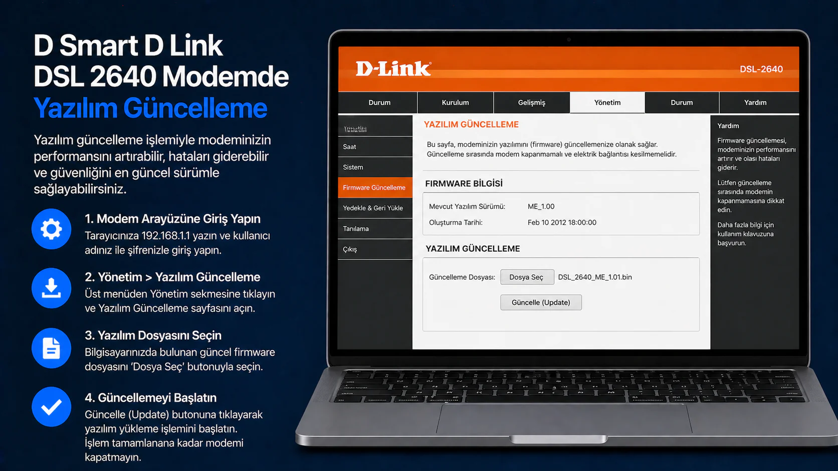 D Smart D Link DSL 2640 modemde yazılım güncelleme arayüz ekranı