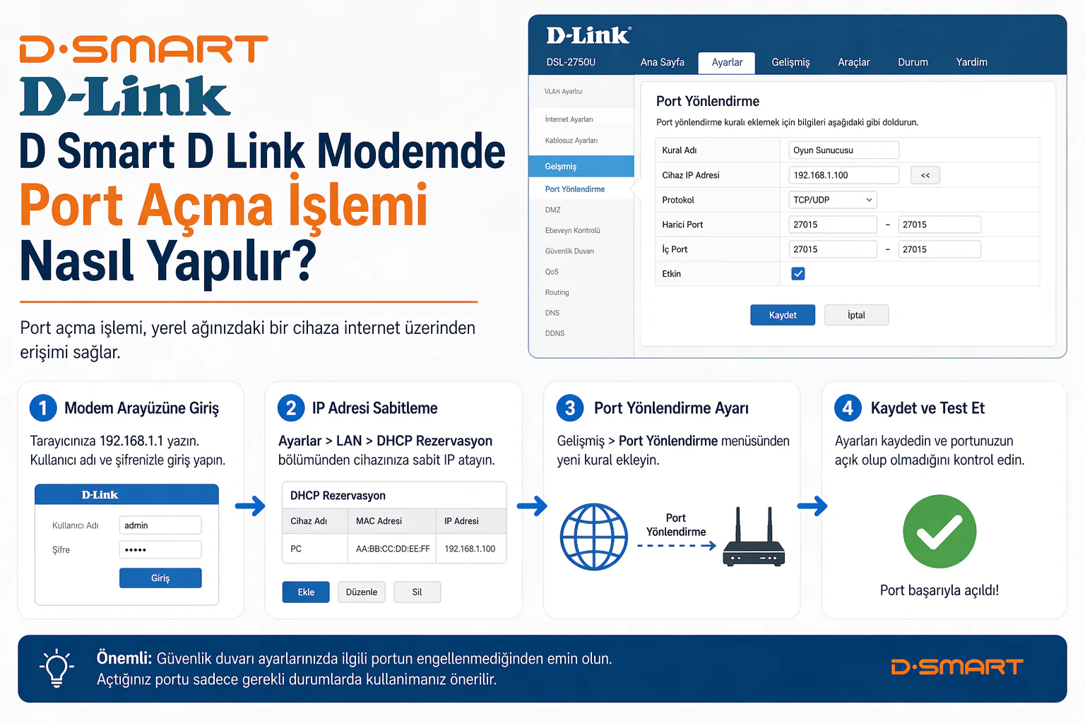 D Smart D Link modemde port açma işlemi için arayüz ve port yönlendirme ekranı