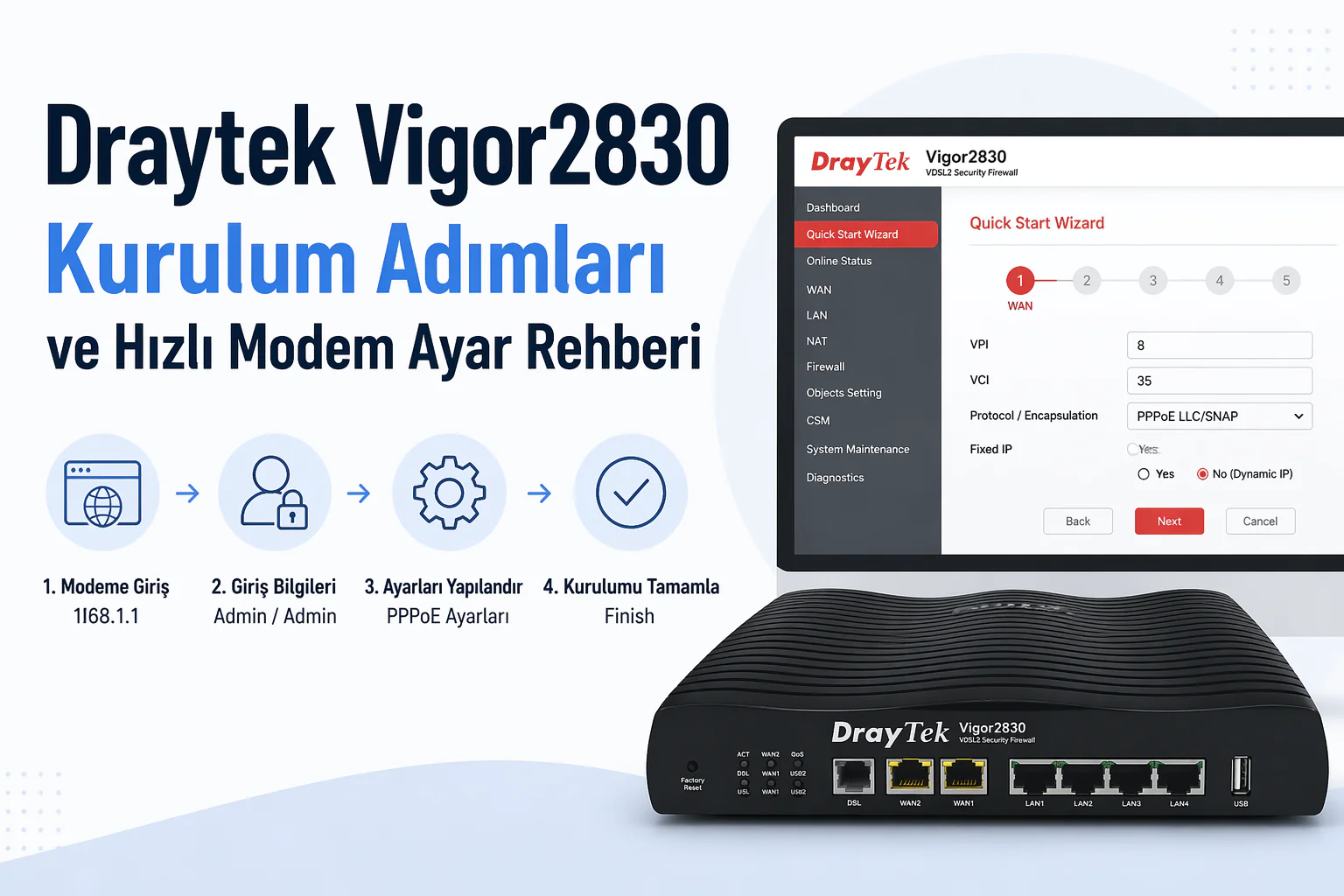 draytek vigor2830 kurulum ekranında Quick Start Wizard ile modem ayarlarının yapılandırılması