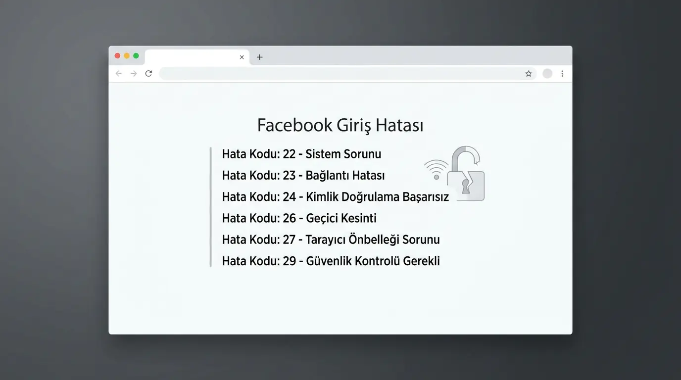 Facebook giriş hata kodlarını gösteren ekran görüntüsü ve hata mesajı içeren tarayıcı penceresi
