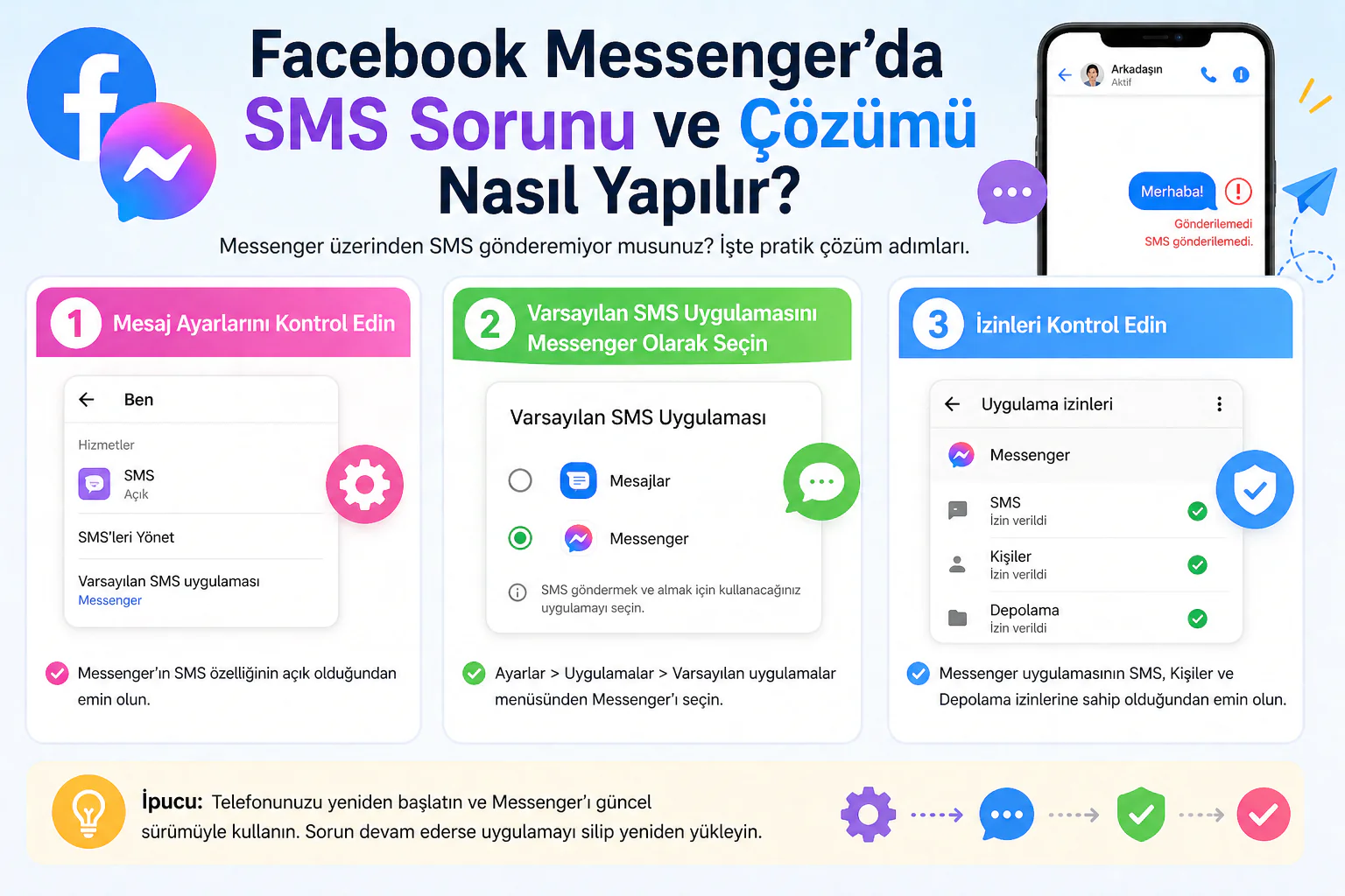 facebook messenger sms sorunu ve çözümü için mesaj ayarları ve uygulama ekranı