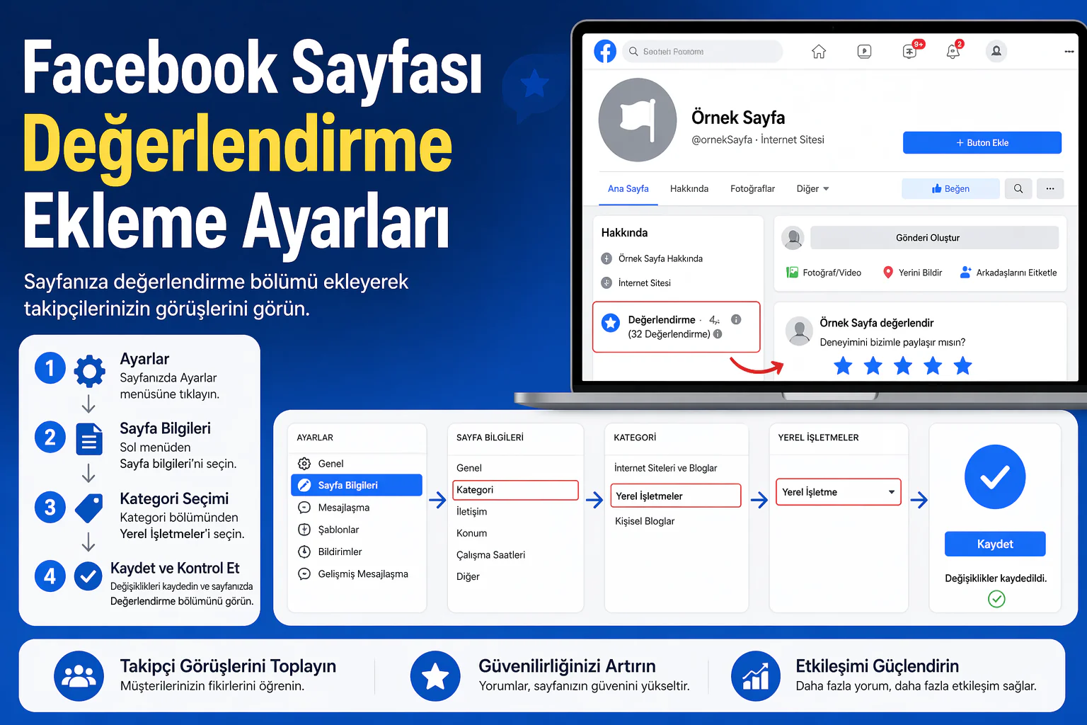 facebook sayfası değerlendirme özelliğinin ayarlar menüsünden aktif edilme adımlarını gösteren ekran