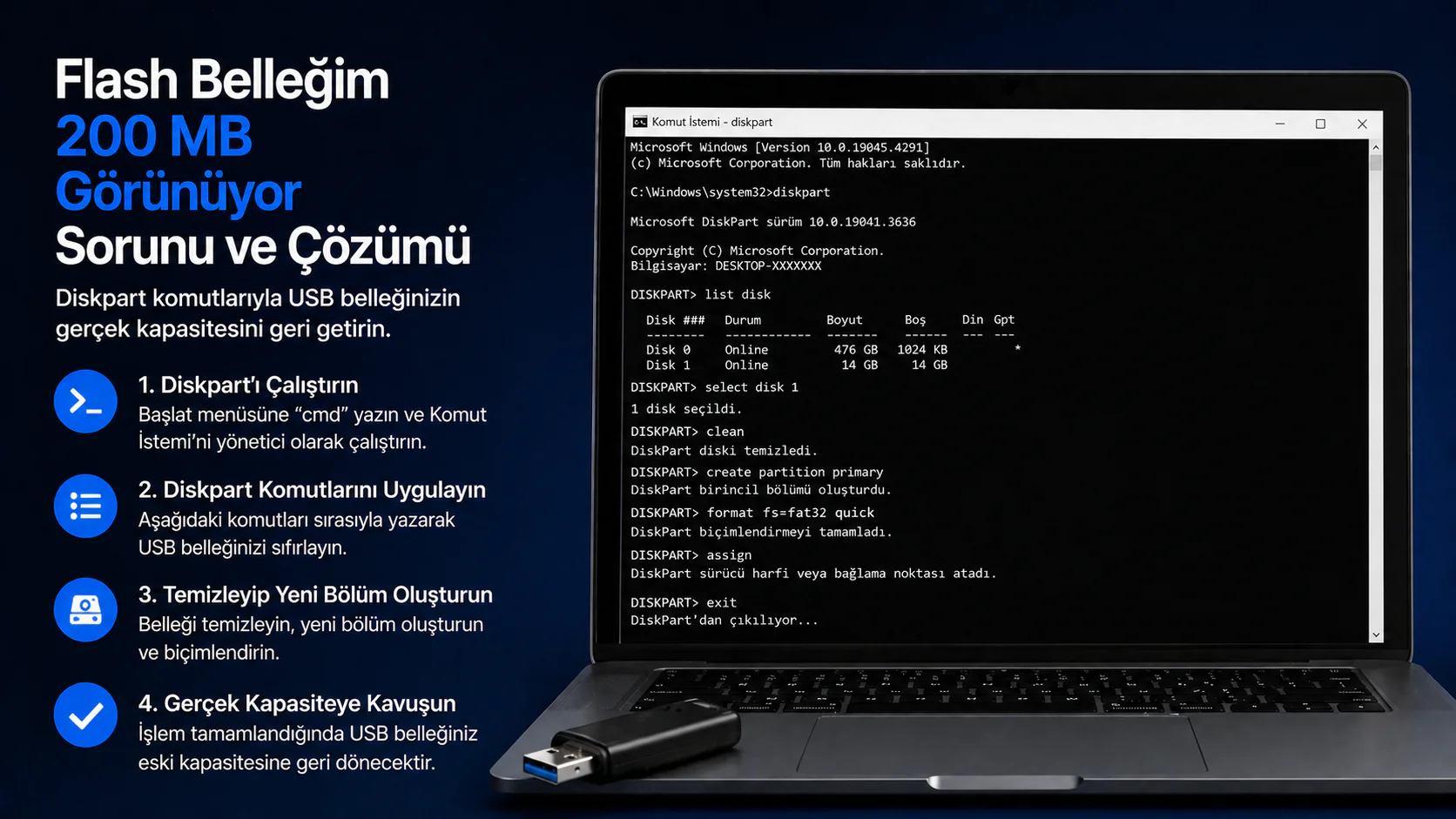 Flash belleğim 200 MB görünüyor sorunu için Diskpart komut ekranı