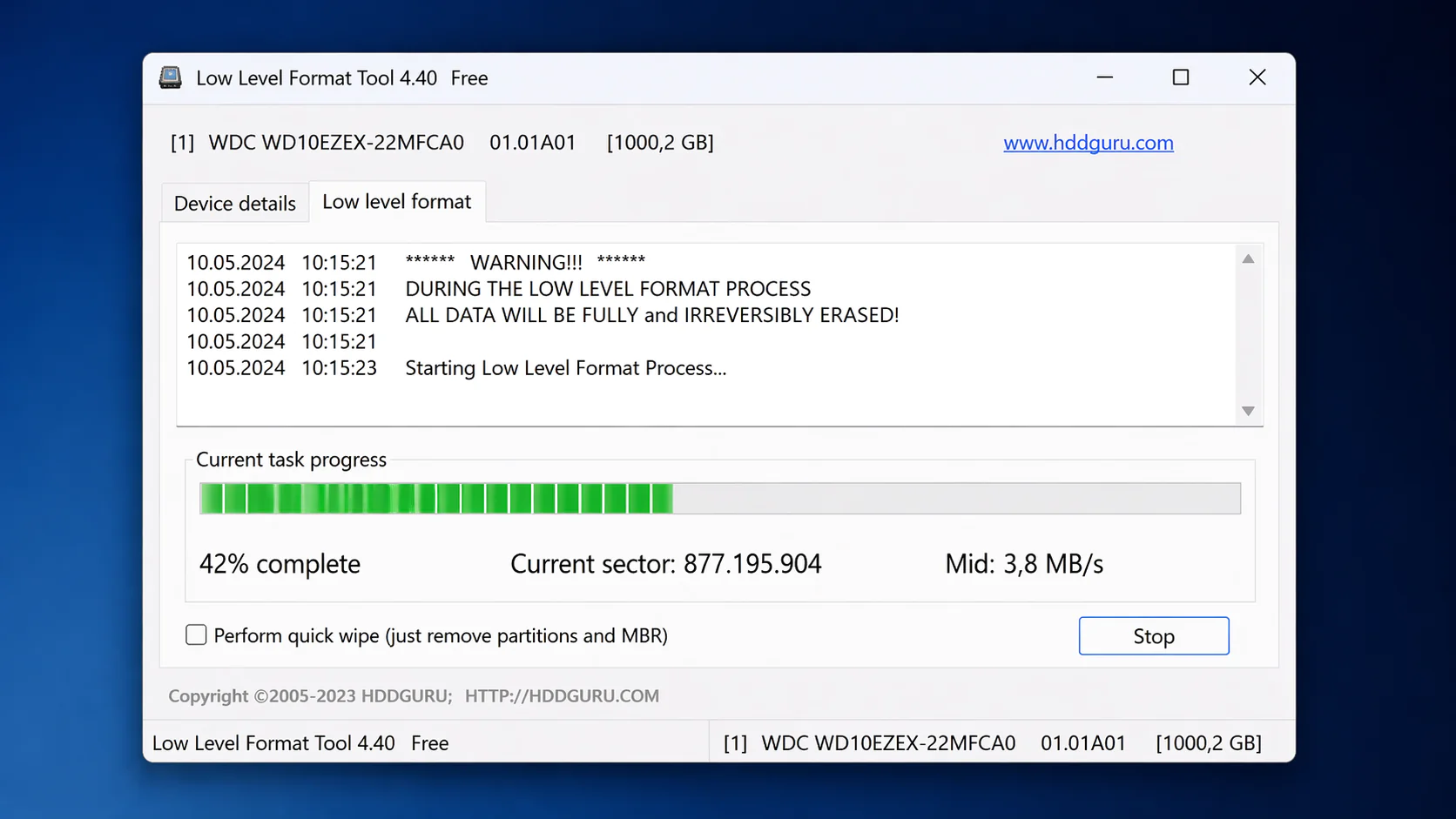 Low level format işleminin aşamasını gösteren format aracındaki ilerleme çubuğunun ekran görüntüsü
