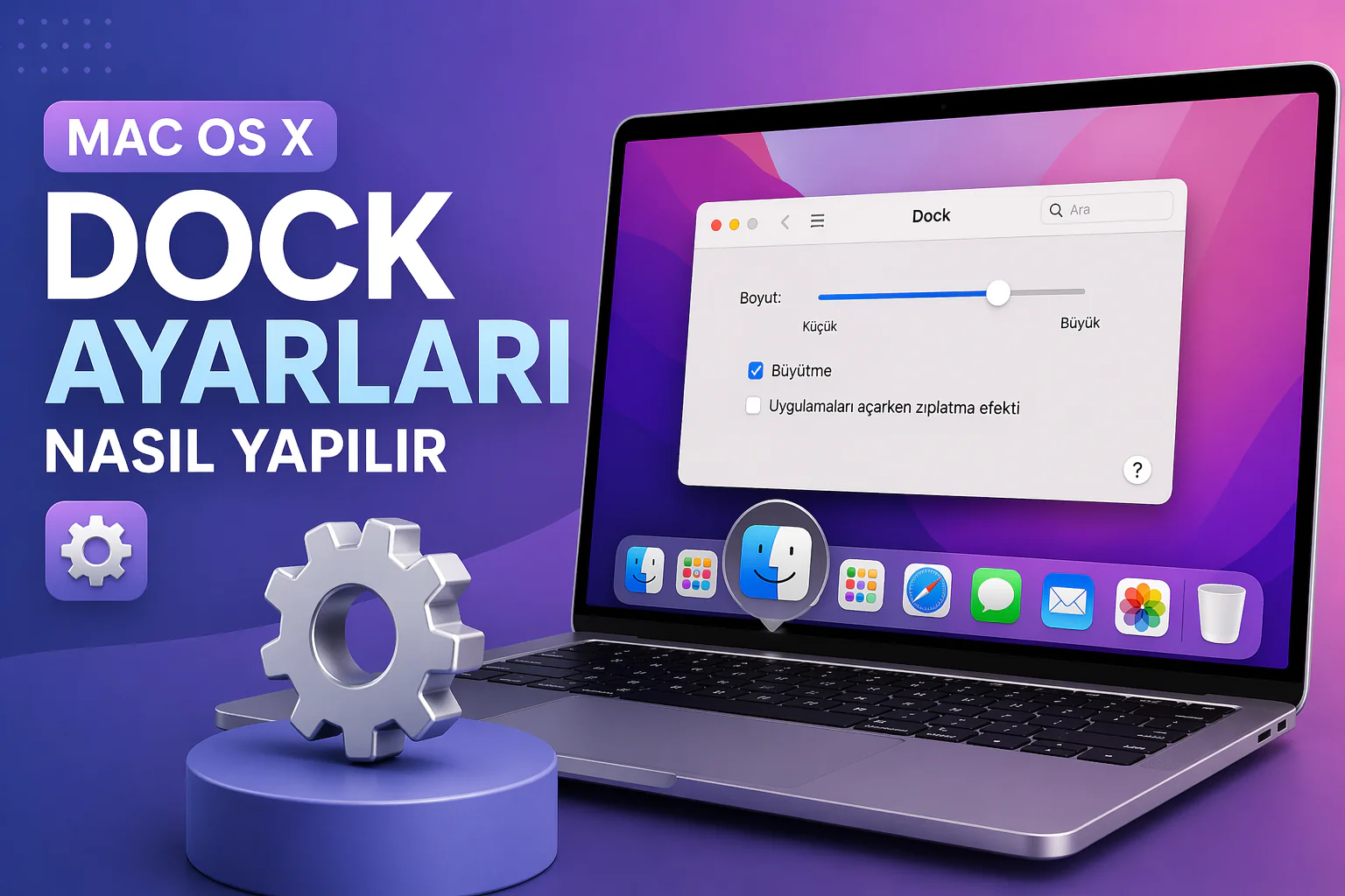 mac os x dock ayarları ekranında uygulama boyutu ve büyütme efektinin gösterimi
