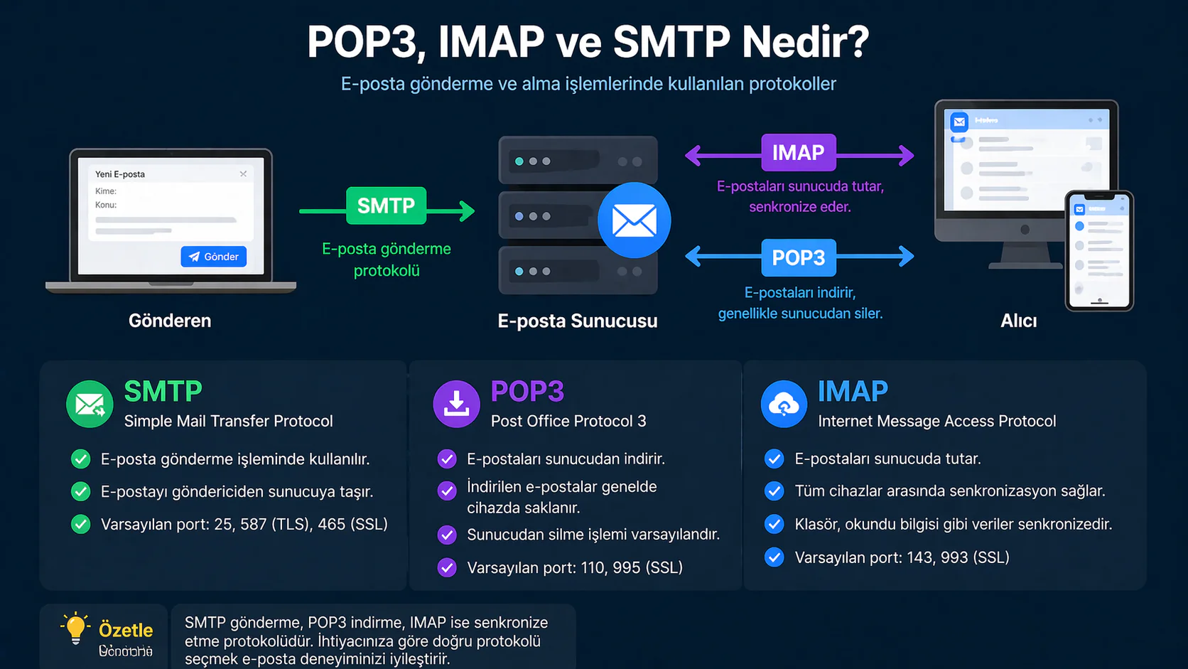 POP3 IMAP ve SMTP nedir anlatan e-posta sunucu bağlantı şeması