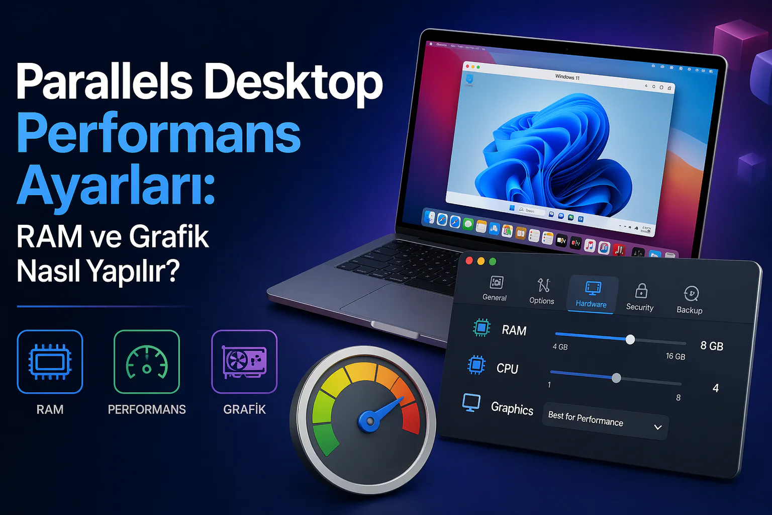 parallels desktop performans ayarları ile RAM ve grafik yapılandırma ekranı görüntüsü