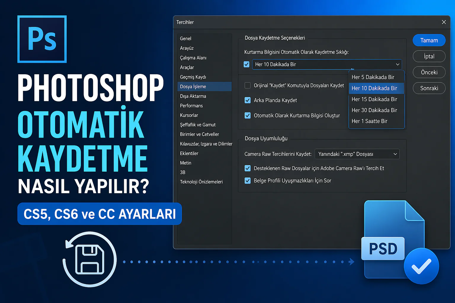Photoshop otomatik kaydetme ayar ekranında dosya işleme sekmesi ve zaman aralığı seçenekleri gösteriliyor