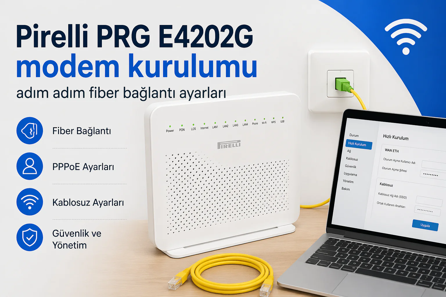 Pirelli PRG E4202G modem kurulumu için fiber bağlantı kabloları ve cihaz kurulumu
