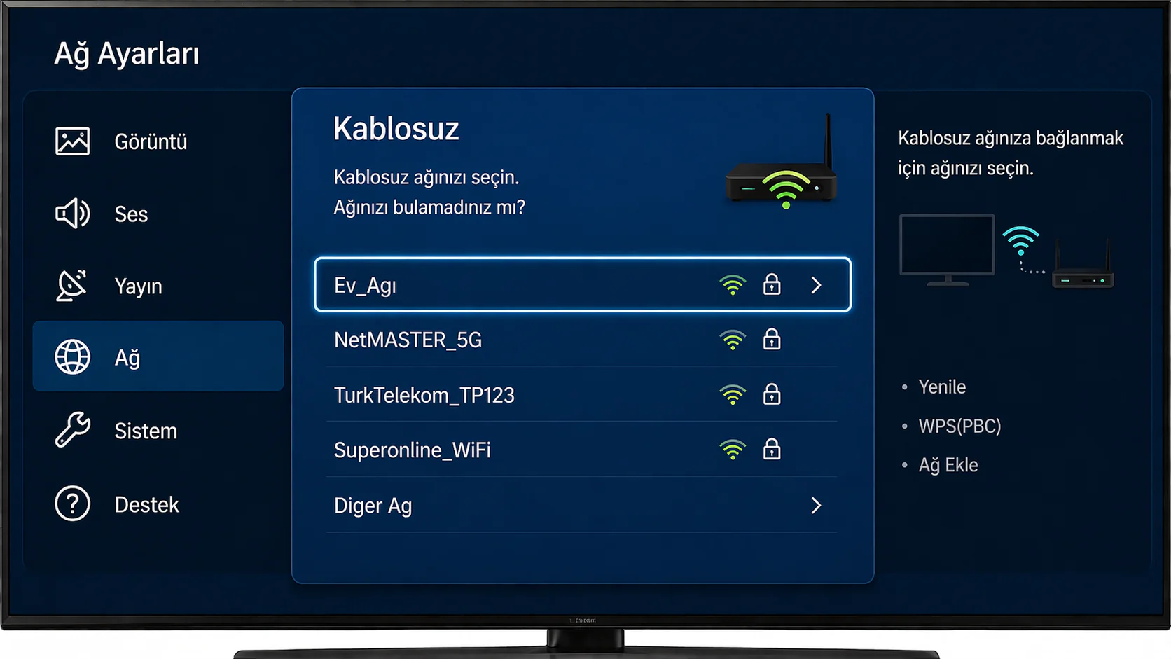 Samsung Smart TV WiFi ayarları için Ağ Ayarları menüsündeki kablosuz ağ seçim ekranının görüntüsü