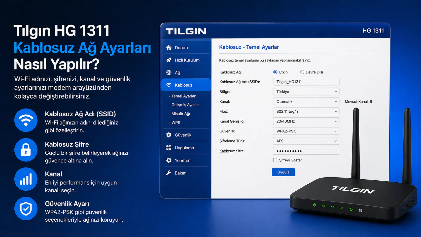 Tılgın HG 1311 kablosuz ağ ayarları için modem arayüz ekranı