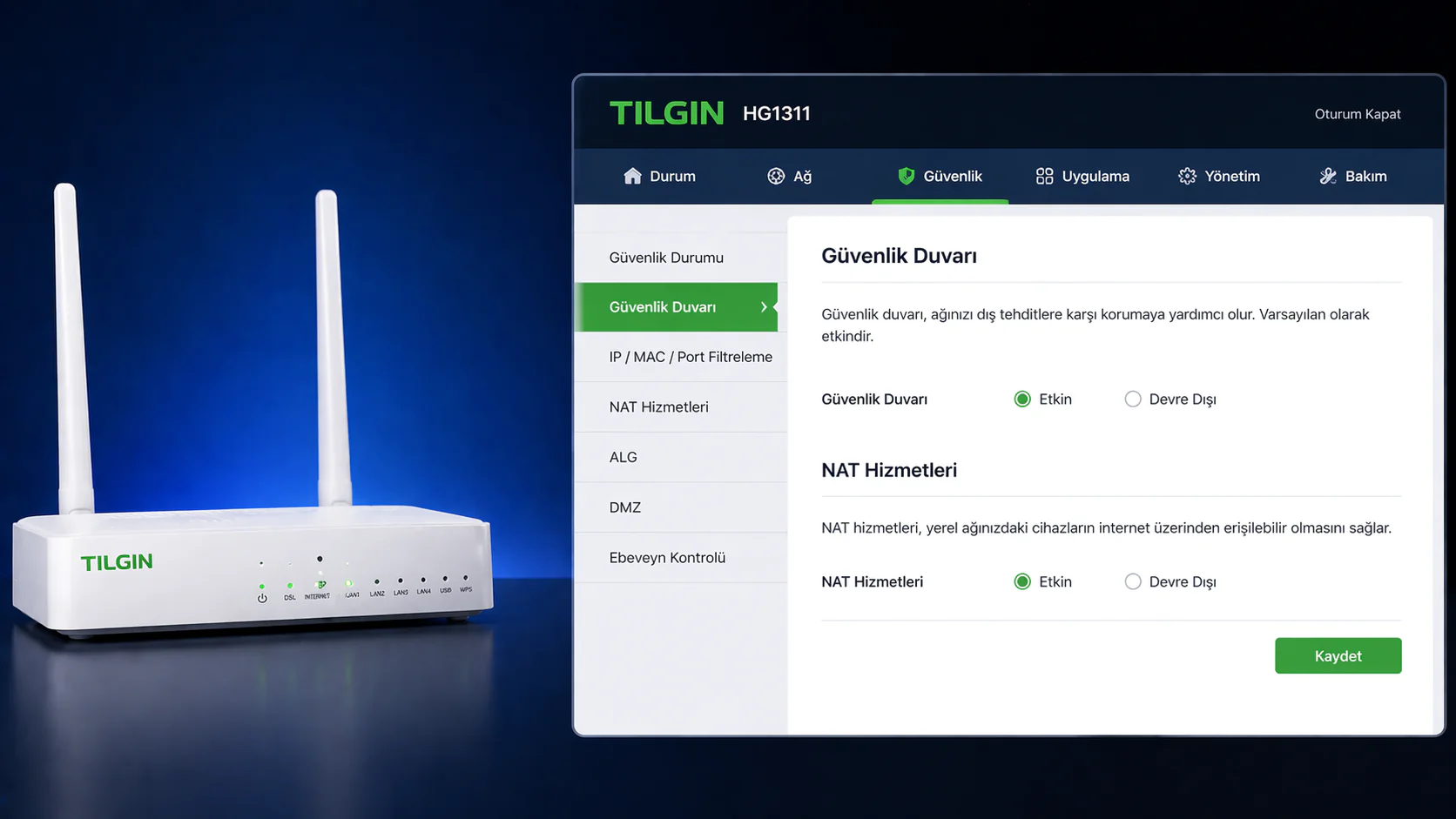 Tılgın HG1311 güvenlik duvarı ayarı için modem arayüz ekranı