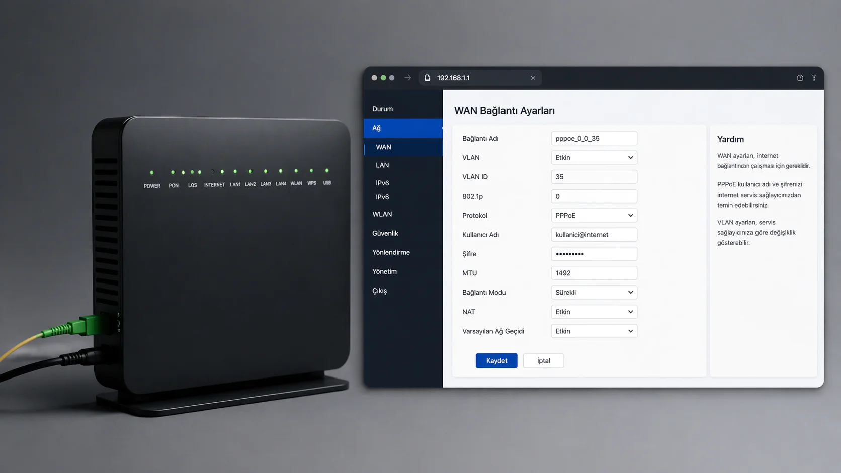 Tilgin HGA2301 modem kurulumu için 192.168.1.1 web arayüzündeki WAN bağlantı ayarları ekranının görüntüsü