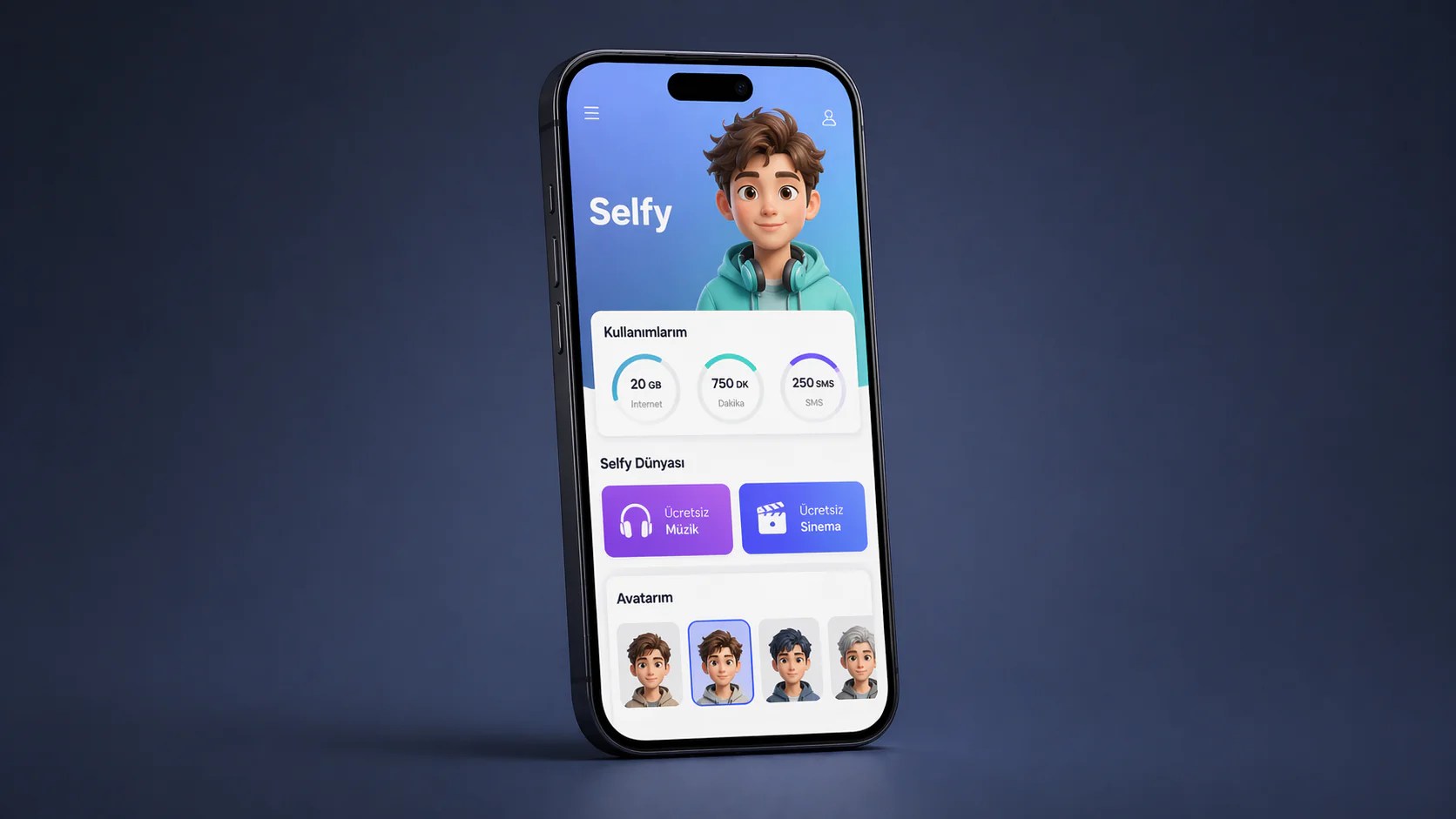 Türk Telekom Selfy uygulamasının avatar ve tarife özelliklerini gösteren akıllı telefon ekranı