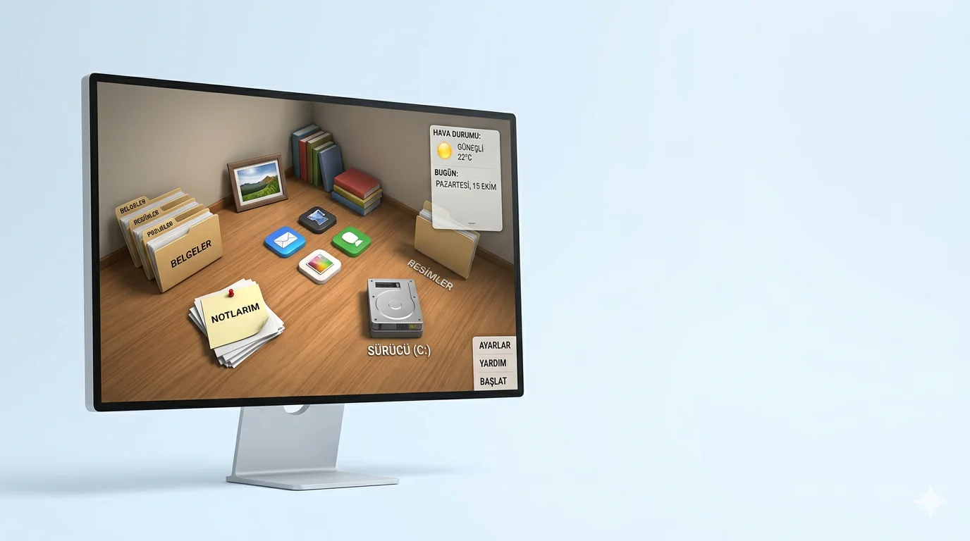 Windows 10 3D masaüstü görünümü ve BumpTop uygulama ekranı