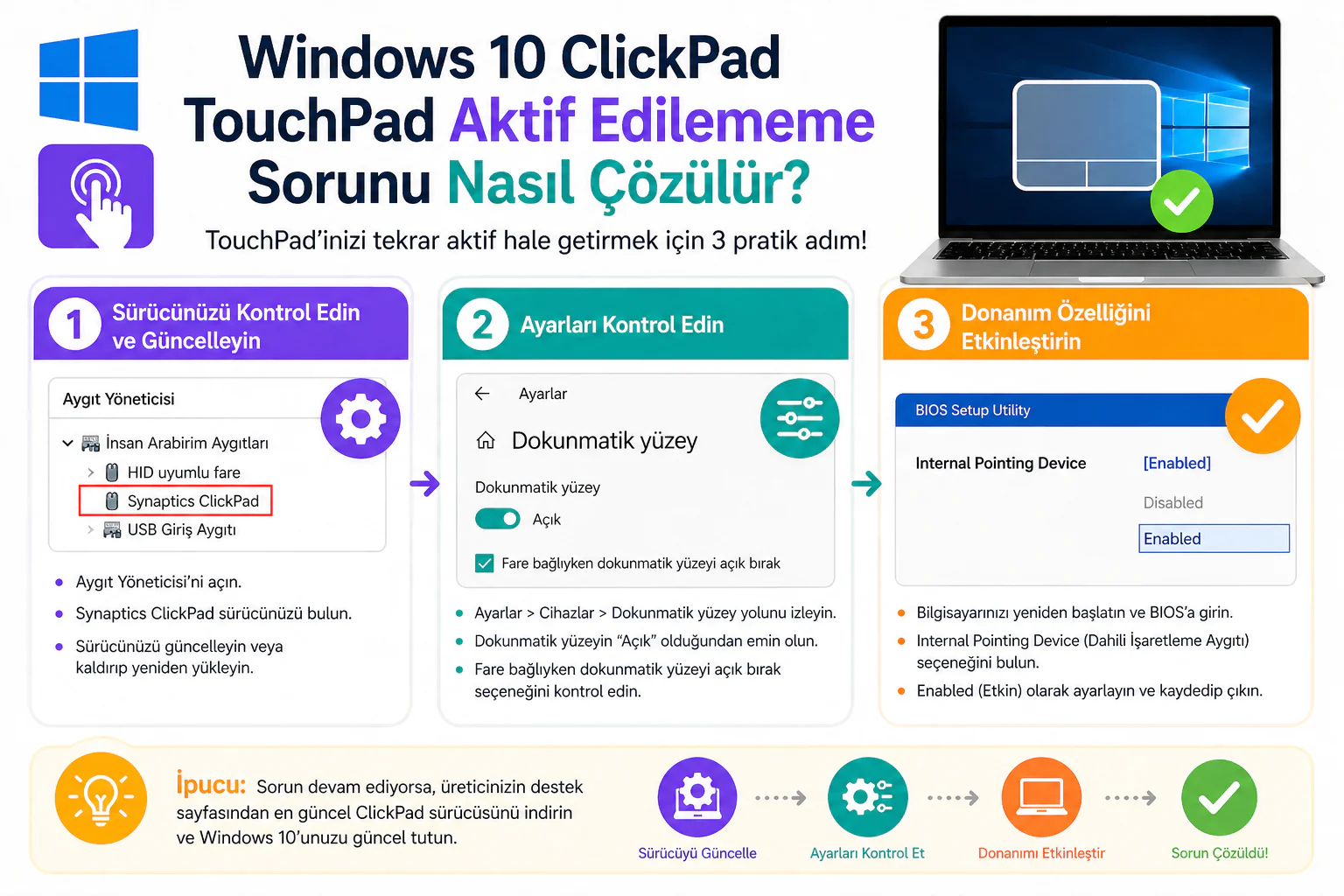 windows 10 clickpad touchpad aktif edilememe sorunu için ayarlar ve sürücü ekranı